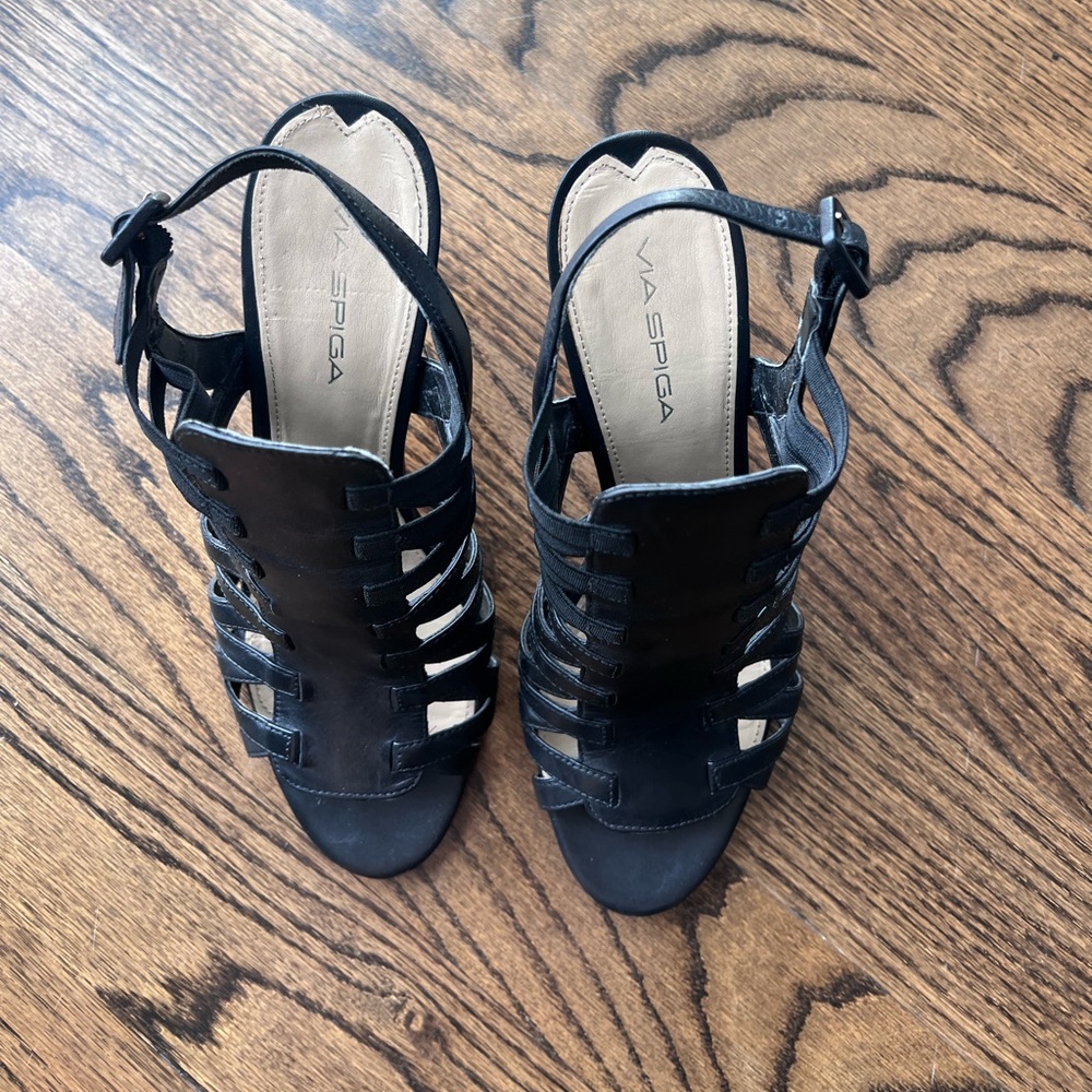 Via Spiga Black Leather Gladiator High Heel Sandals - Picture 4 of 9